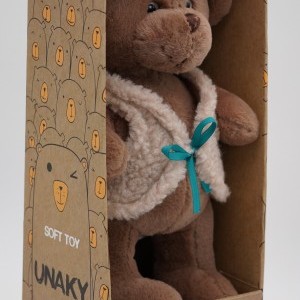 Мягкая игрушка в большой подарочной коробке  Мишка Аха "Шоколад", 33см в тёплой жилетке, 904533S-3L