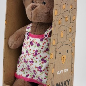 Мягкая игрушка в большой подарочной коробке  Мишка Аха "Шоколад", 33см в сарафане в цветочек, 904533S-9L